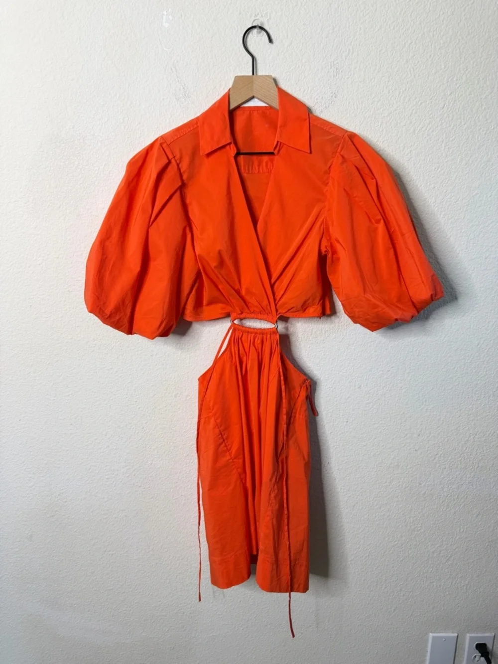 Jonathan Simkhai Aulora Cut‎ Out Mini Orange Puff-Sleeve Mini Dress Womens XS